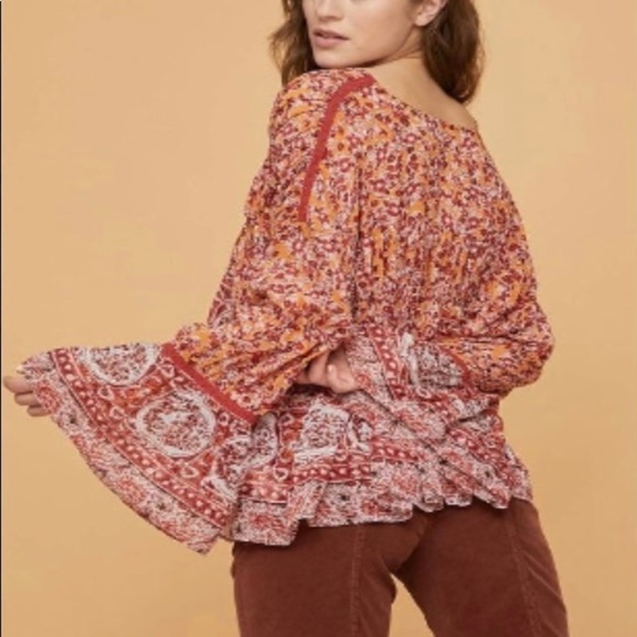 Free People‎ Boho Floral Blouse Women's Size XS Bell Sleeve Peasant Top Comfy - Picture 4 of 15
